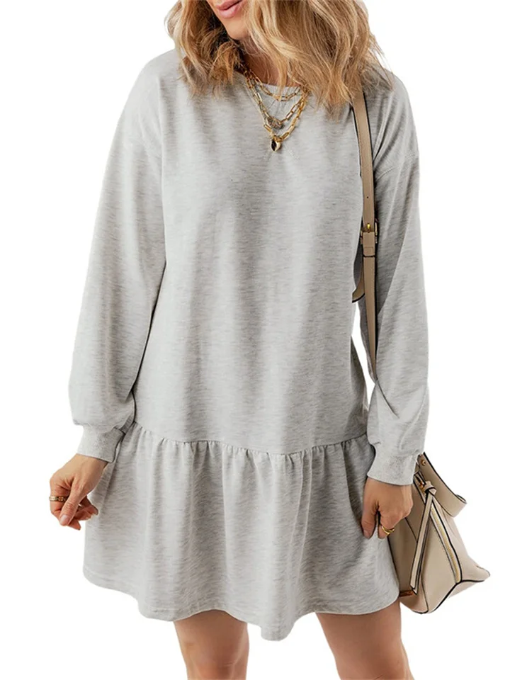 Women's New Ribbed Knit Splicing Solid Color Long-sleeved Casual Mini Dresses