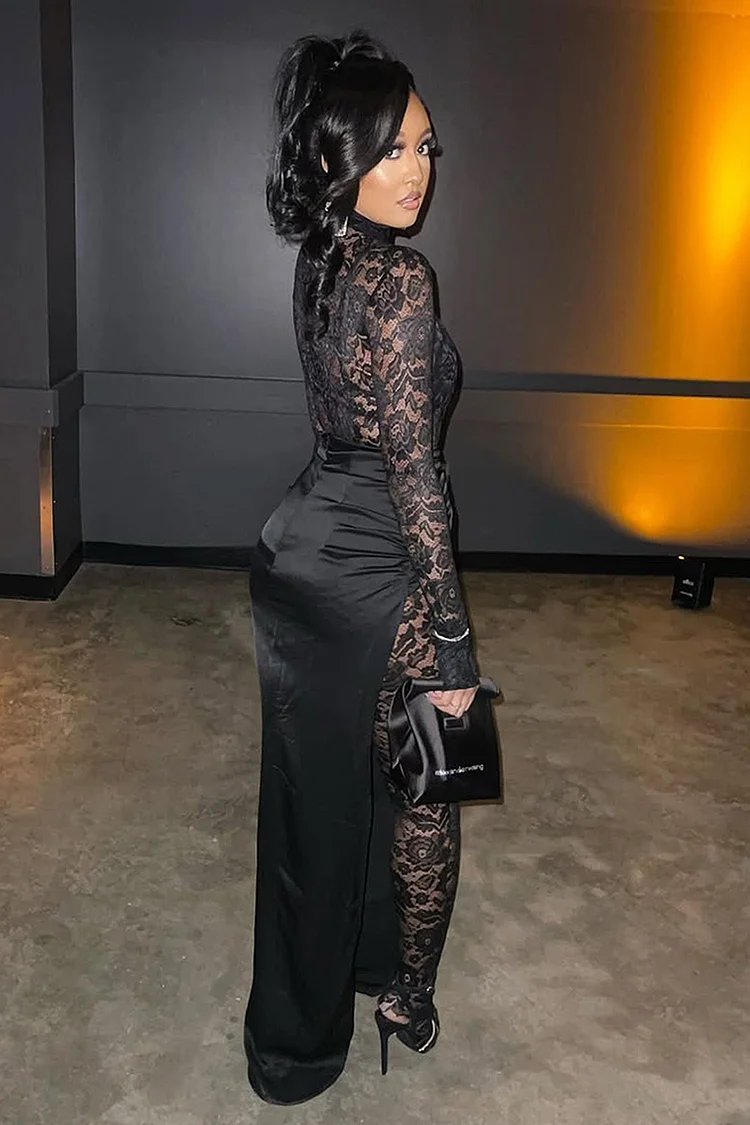 Mock Neck Bodycon Lace Jumpsuit Maxi Skirt Party 2pcs Set-Black [Pre Order]
