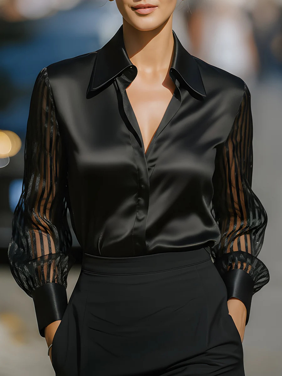 Solid Lapel Sheer Mesh Long Sleeve Shirt
