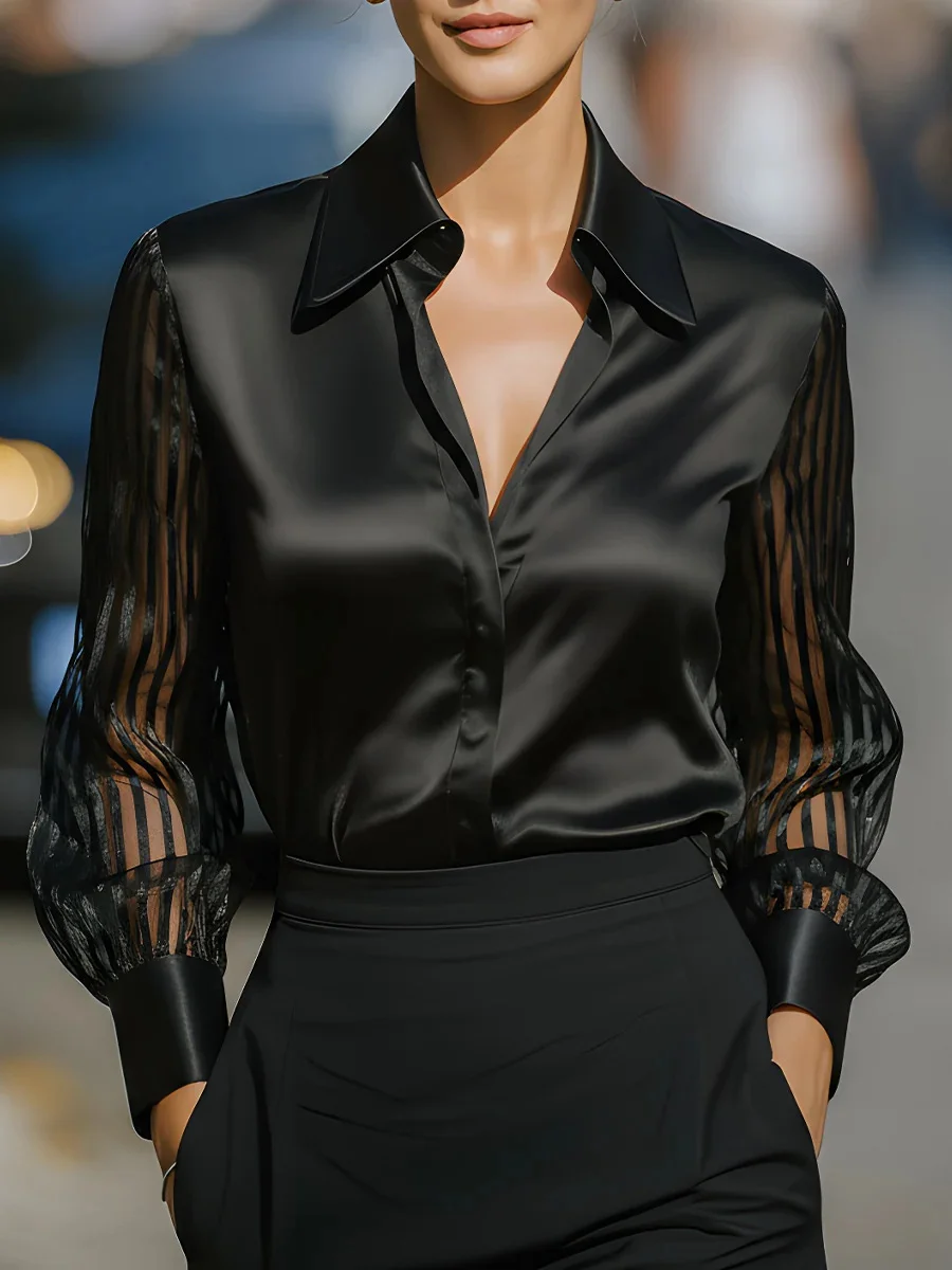 Solid Lapel Sheer Mesh Long Sleeve Shirt