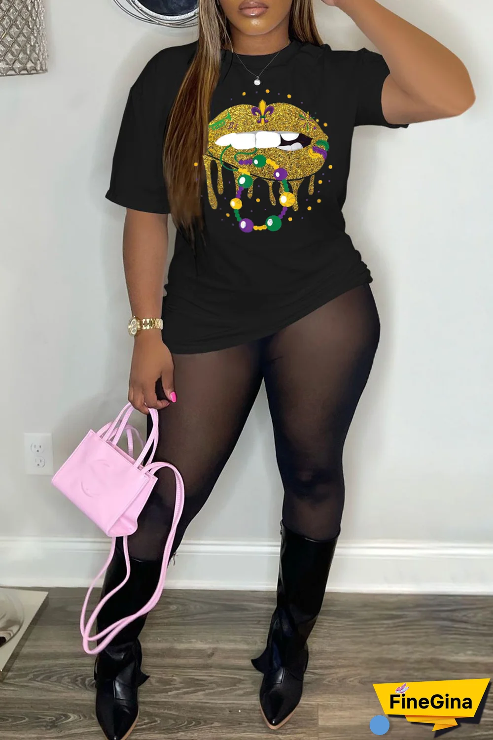 Grey Party Vintage Lips Printed Patchwork O Neck T-Shirts