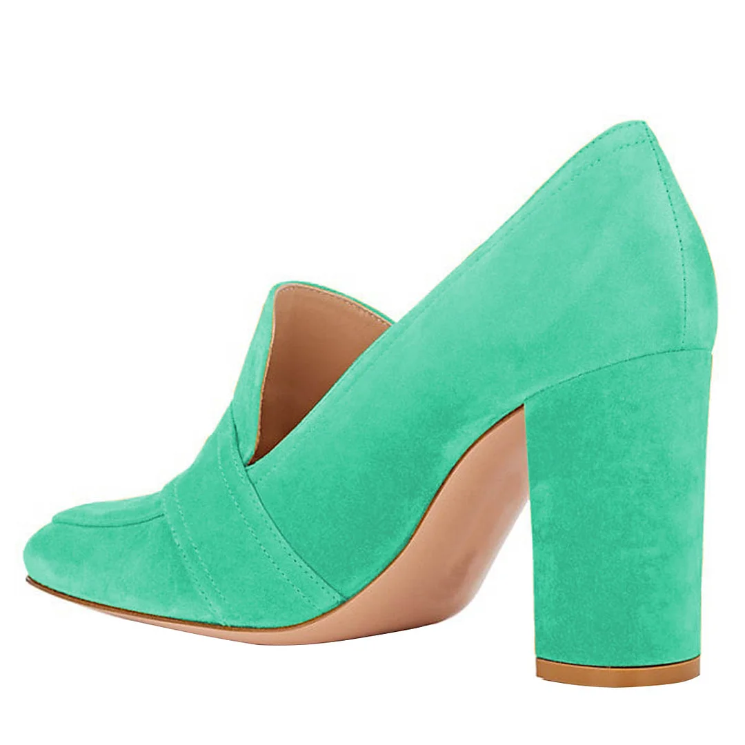 Turquoise Square Toe Vegan Suede Chunky Heeled Loafers with Buckle