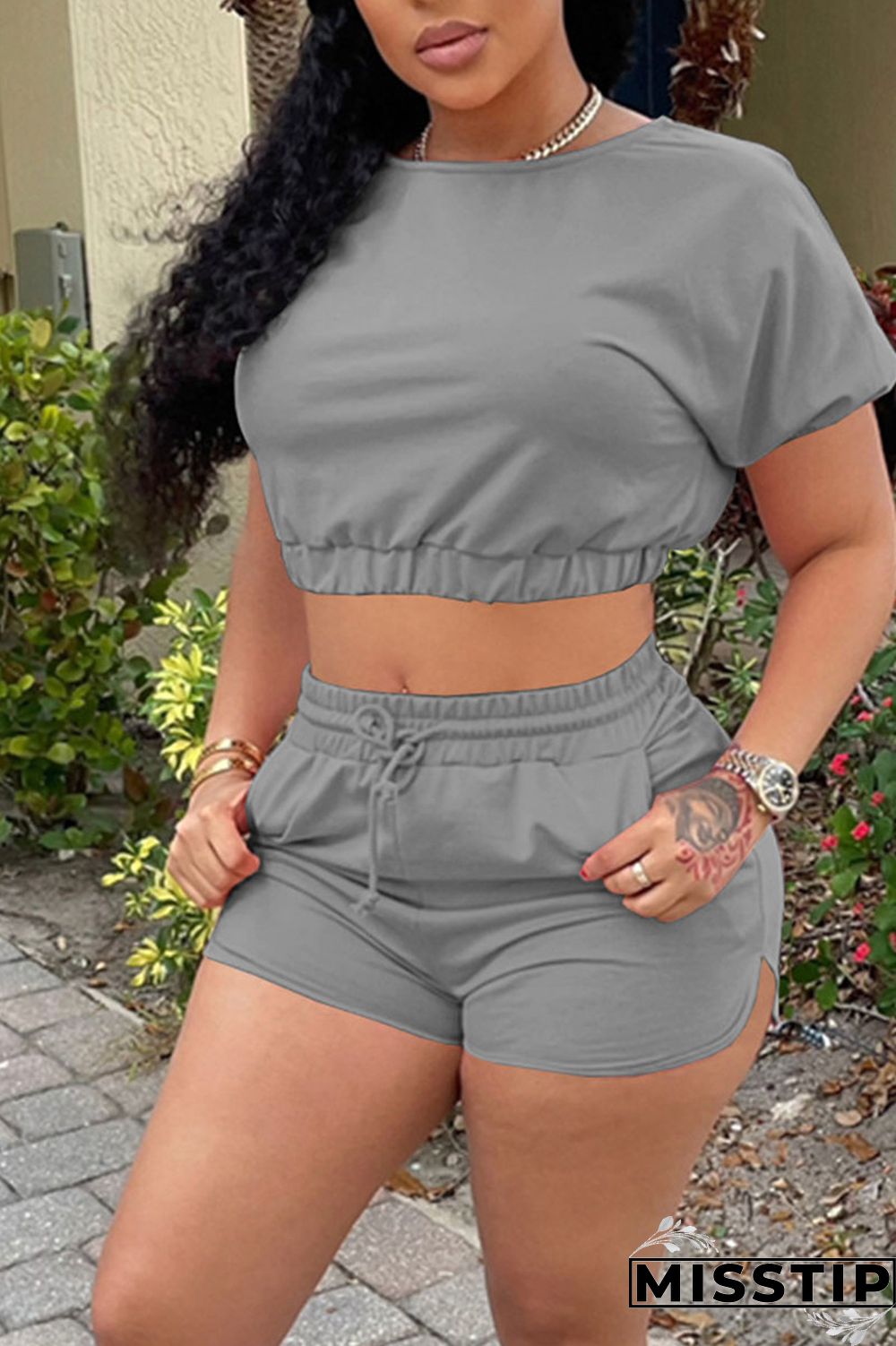 Fluorescent Green Casual Solid Patchwork O Neck Short Sleeve Two Pieces