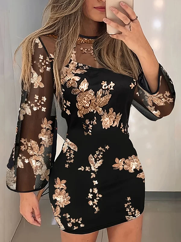 Split-Joint Sequined Mesh Long Sleeves Bodycon Round-Neck Mini Dresses