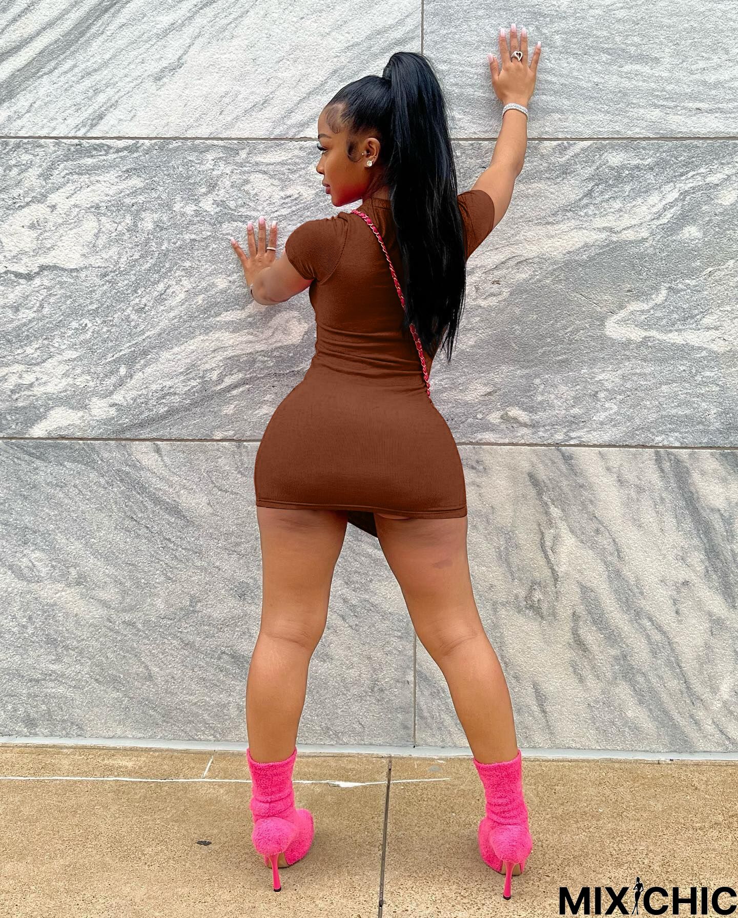 Sexy Tight Solid Color Package Hip Mini Dress