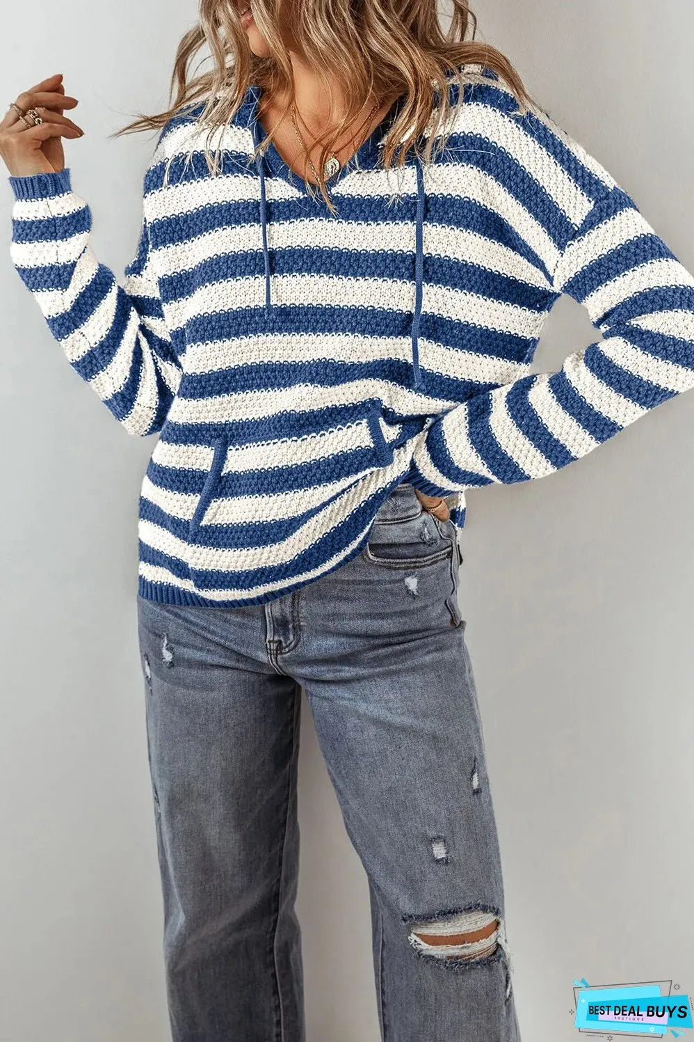 Drawstring Striped Long Sleeve Hooded Sweater