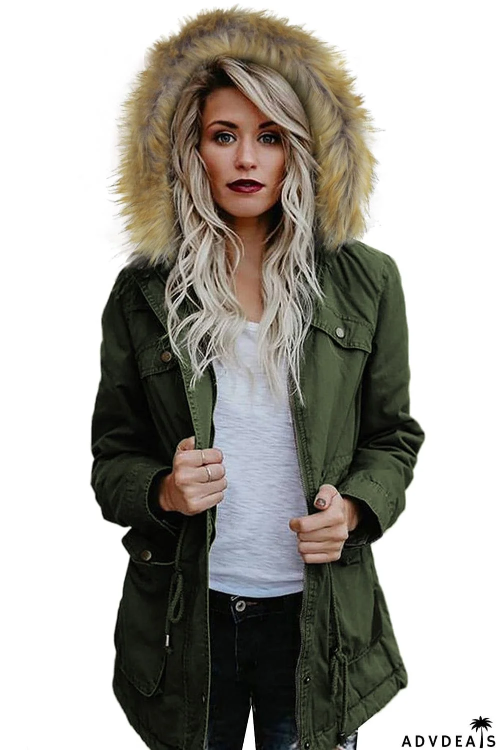 Zipper Snaps Pocket Plush Hooded Parka Jacket