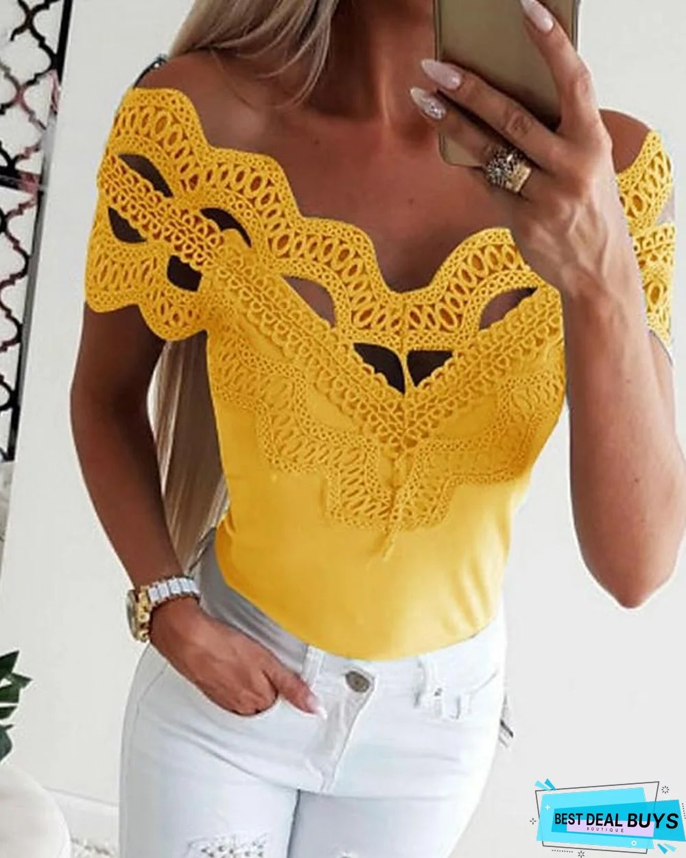 Women's T-Shirt Solid Colored Lace Fashion Off Shoulder Off Shoulder Tops Basic Top White Black Blue-0207801