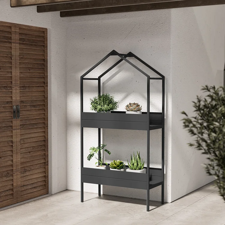 Grand patio House-shaped Plant Stand, 2 Tier Metal Plant Shelf