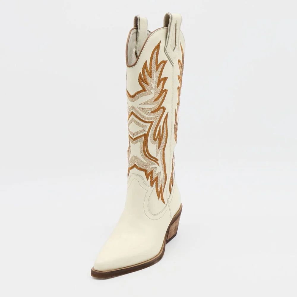 Ivory Chunky Heel Embroidered Snip Toe Western Cowgirl Boots for Women