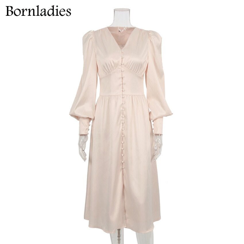 Bornladies Puff Sleeve Vintage Satin Midi Dress Women V-Neck Party Pleated Dress Black Elegant Bodycon Dress Ladies Chic Ruched