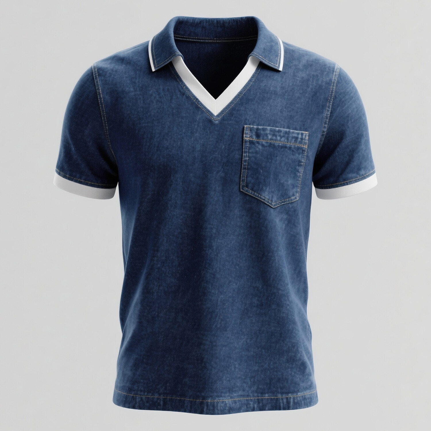 Men's Denim Turndown Collar Colorblock Short Sleeve Chest Pocket Shirt