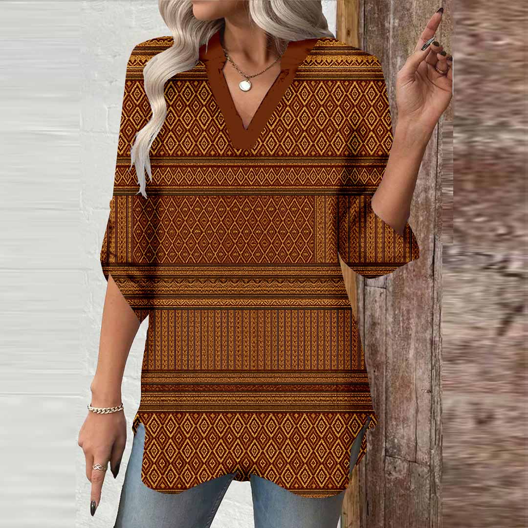 Women Checkered, Brown DZGA0332 3/4 Sleeve V-neck Printed Graphic Button Tops