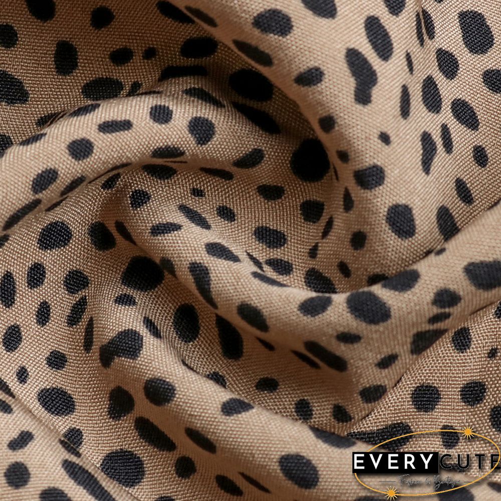 Khaki Leopard Ruffle Detail Long Sleeve Maxi Dress