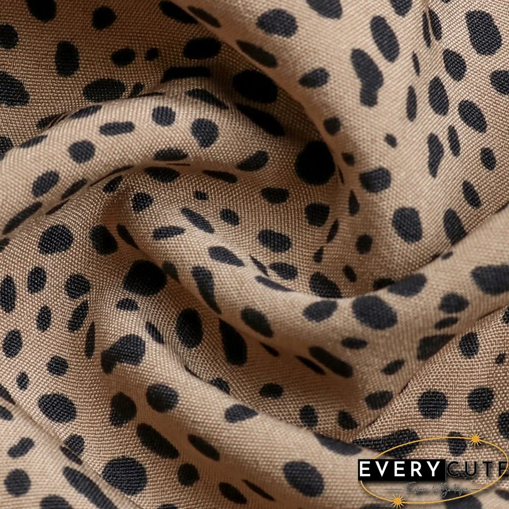 Khaki Leopard Ruffle Detail Long Sleeve Maxi Dress