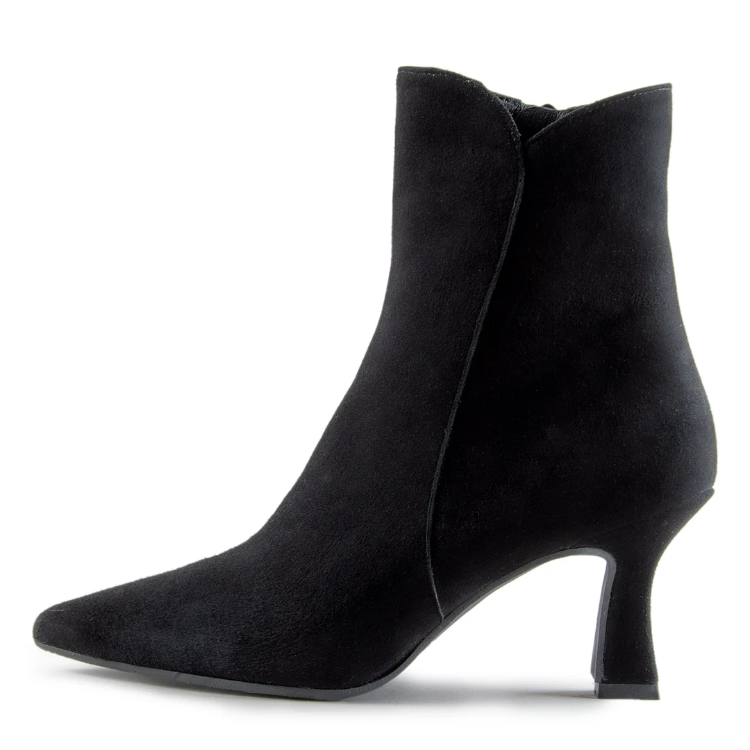 Vegan Suede Pointed Side-Zip Black Ankle Boots with Flared Heel
