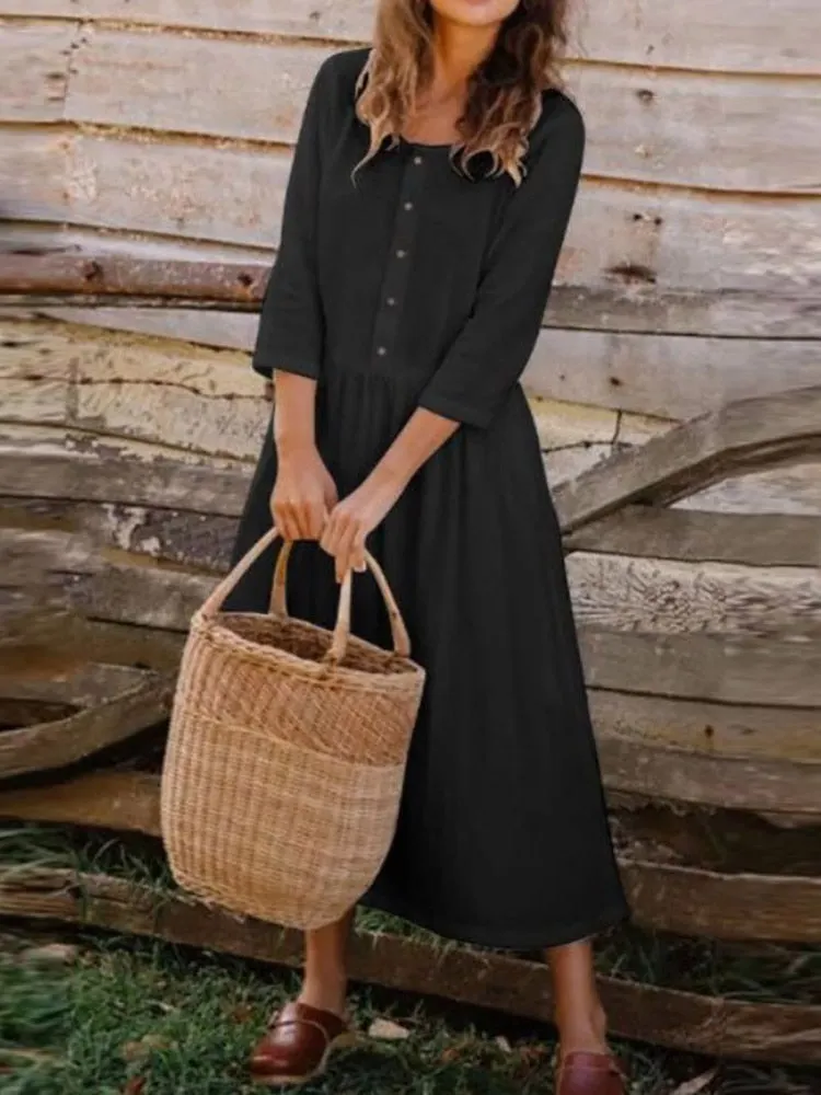 2022 Spring Summer Women Solid Cotton Linen Casual Dress Elegant Buttons O Neck Three Quarter Sleeve Ladies Sundress Beach Style