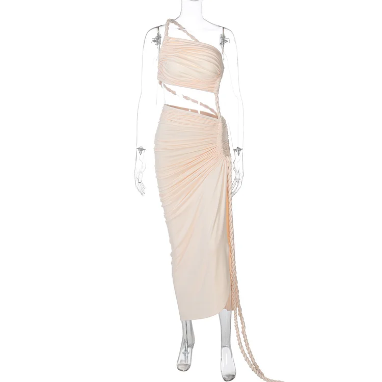 One-shoulder Tube Top Backless Hollow Lace Pleated Dress