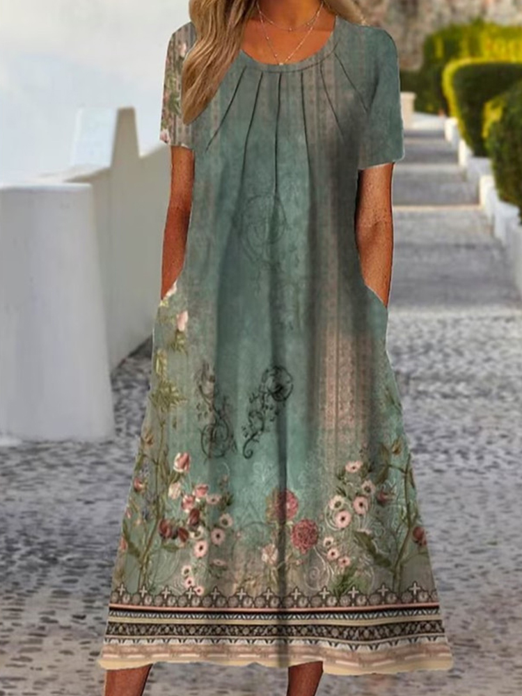 Vintage Floral Graphic Short Sleeve Maxi Dress  artssus