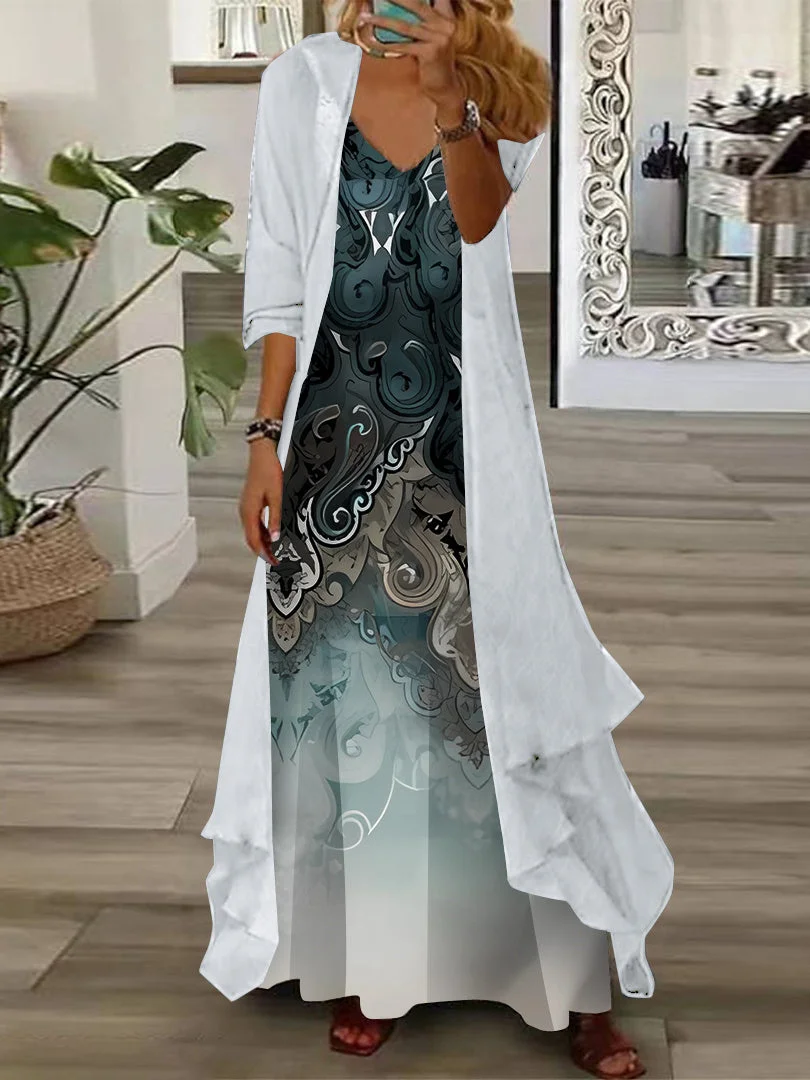 Women Half Sleeve V-neck Graphic Printed Two-Piece Maxi Dress