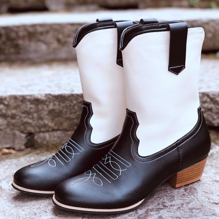 Women's Chunky Heel Black and White Matching Color Boots