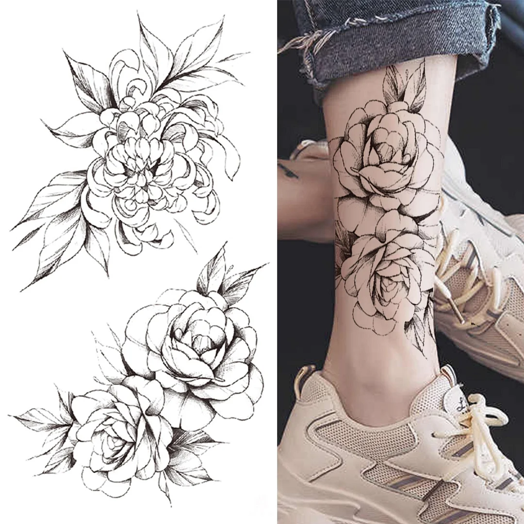 Realistic Fake Peony Temporary Tattoos For Women Girl Black Rose Elephant Flower Tattoo Sticker Tiger Anemone Tatoos Half Sleeve 1118