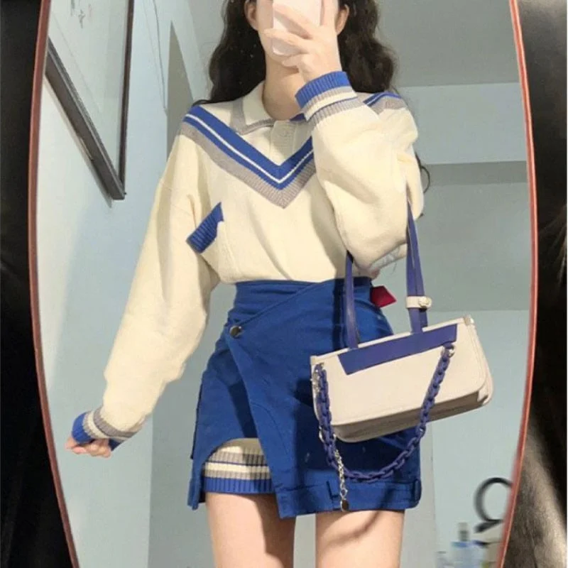 Lourdasprec  Y2K Women Korean Japan Kawaii Groups Acubi Girls 2 Piece Set Mini Skirt Long Sleeve Tops Sweatshirt Suits Matching Sets Clothes