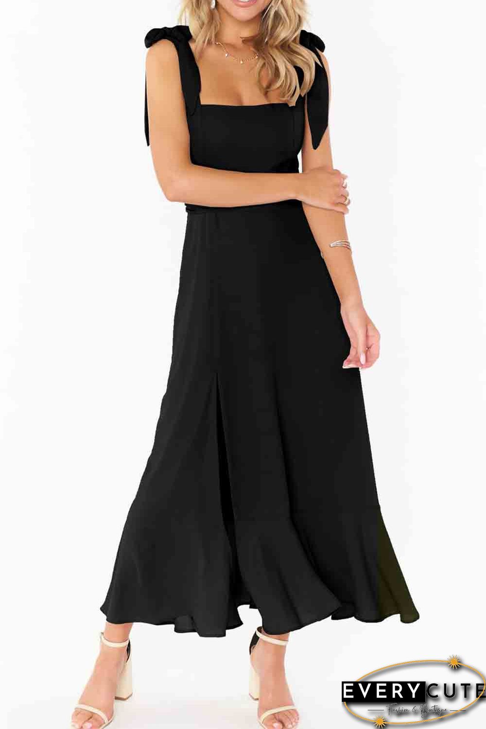 Black Tie Shoulder Smocked Back Side Slit Maxi Dress