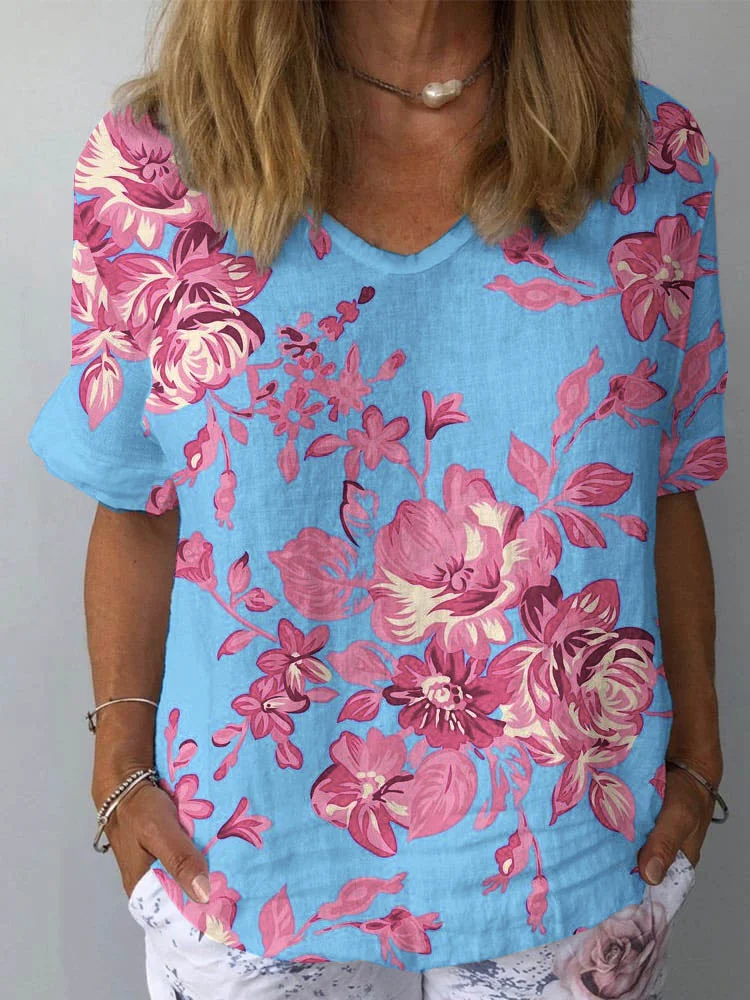 Womens Floral Pattern  Print Cotton And Linen Top