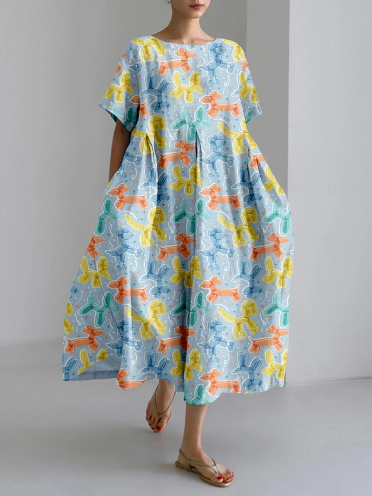 Balloon Dogs Pattern Linen Blend Maxi Dress