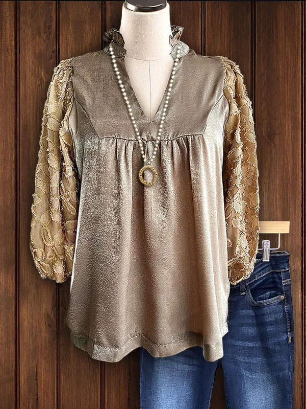 Elegant Patchwork Ruffled V-Neck Shirt