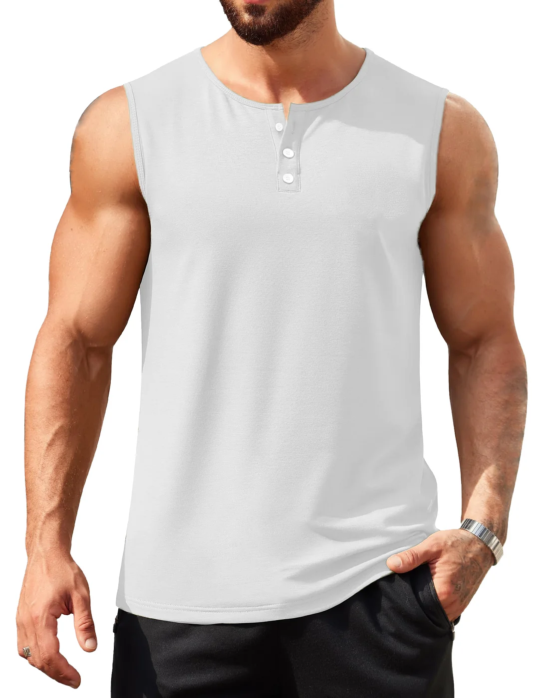 Men's Hawaiian Casual Comfort Button-Down Crew Neck Sleeveless Henley Shirt