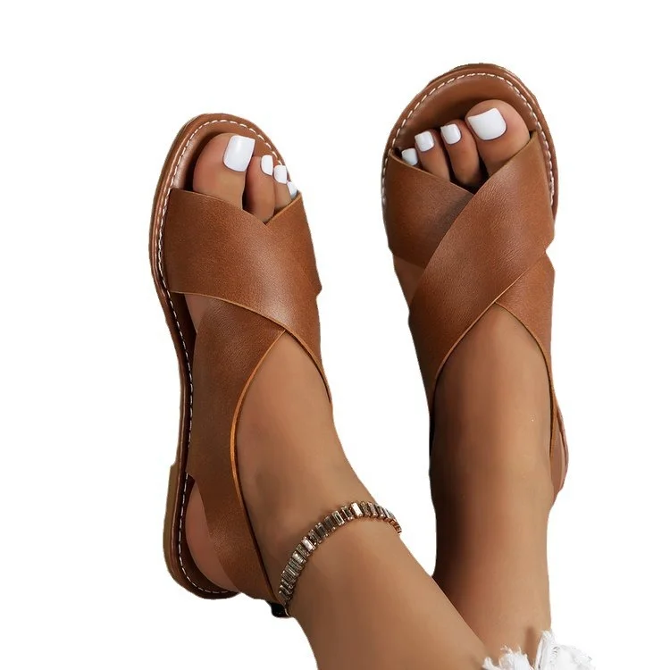 Breakj Breakj Cross-Shoe With Flat Sandals Female Retro Wind Broadband Striped Toe Beach Cool Slippers Sandal