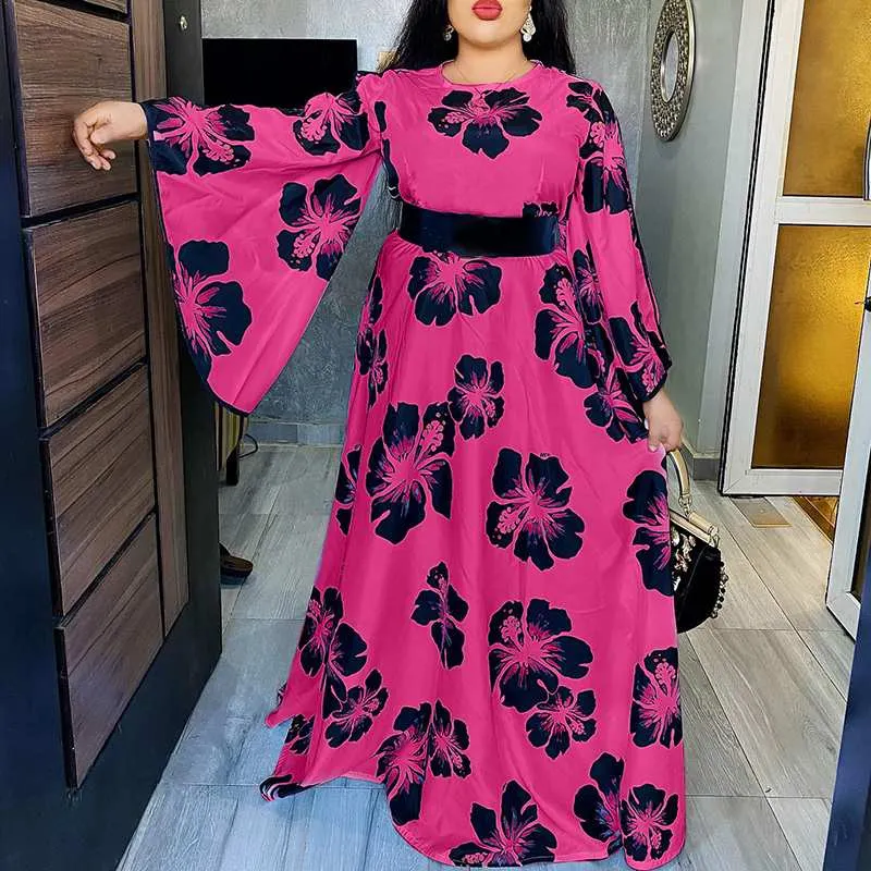 VONDA 2022 Summer Party Maxi Dress Women Sundress Long Sleeve Vintage Printed Pleated Dress Flare Sleeves Holiday Vestidos
