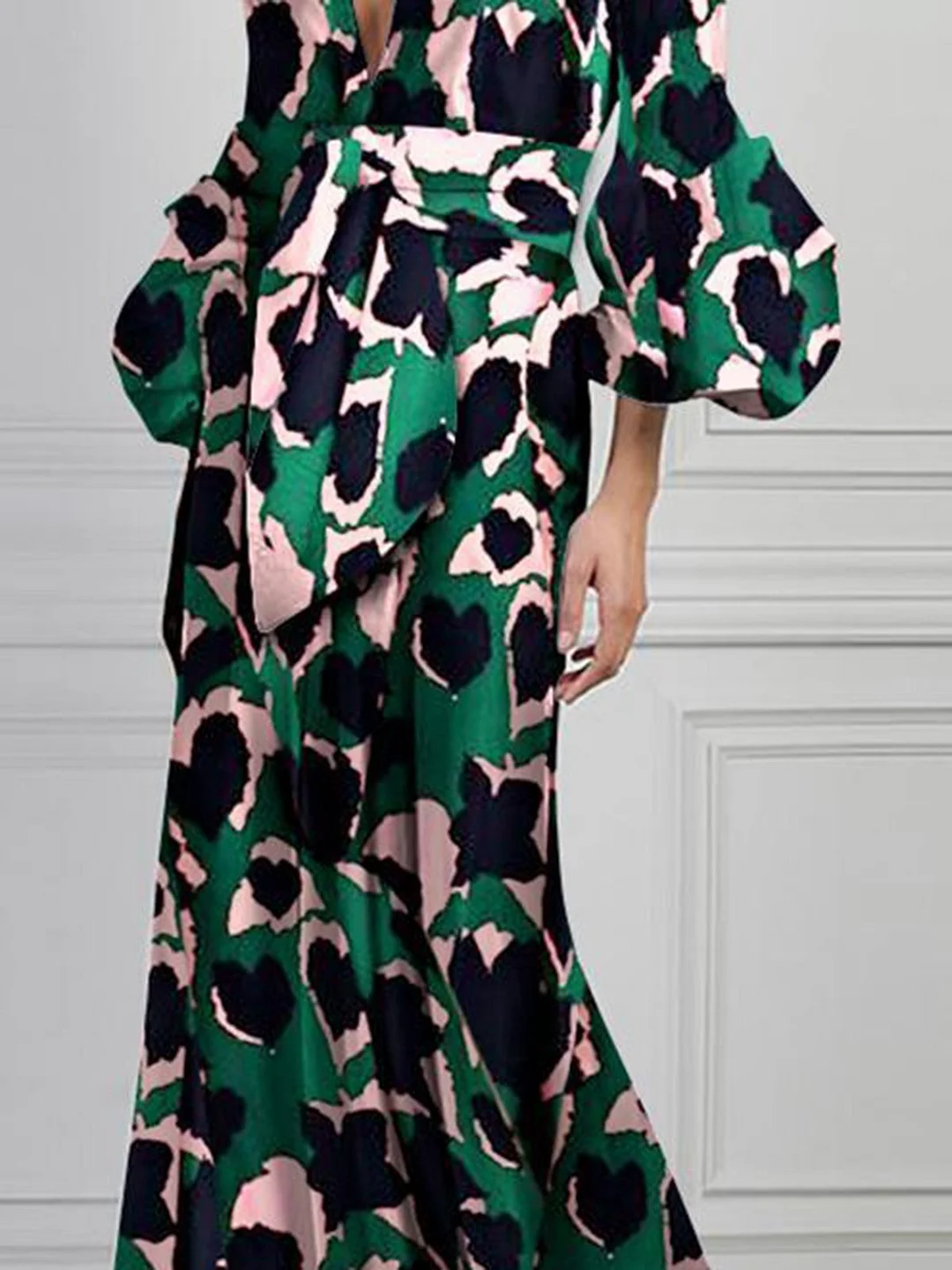 Deep V-Neck Green Summer Holiday Elegant Paneled Maxi Dress