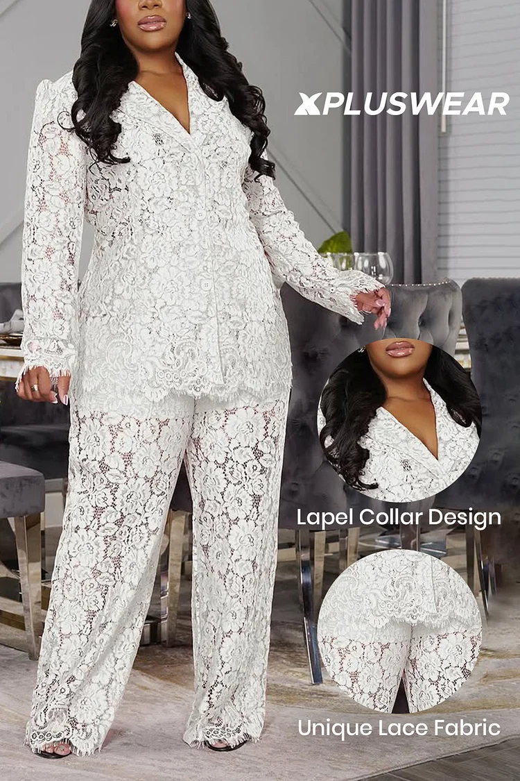 Plus Size Formal White Lapel Collar Long Sleeve See Through Lace Two Piece Pant Suits