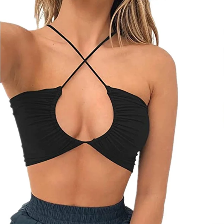 Women Sexy Halter Bandage Crop Top Cutout Ruched Crisscross Bustier Camisole