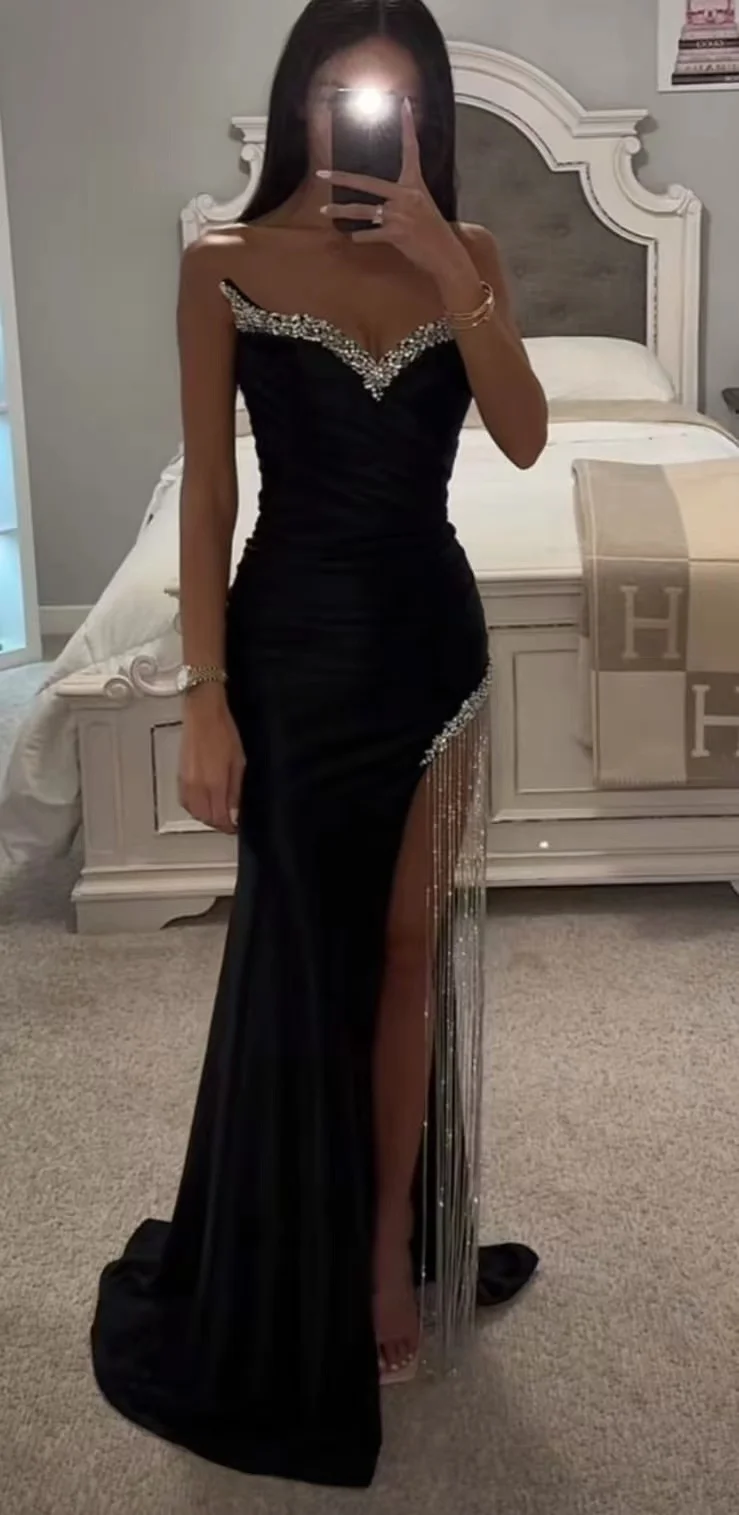 Black Sequin Prom Dress Long Cowl Neck High Slit YH0043