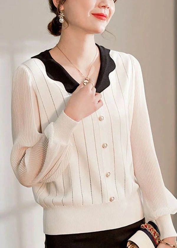 Simple White V Neck Striped Knit Shirt Tops Long Sleeve