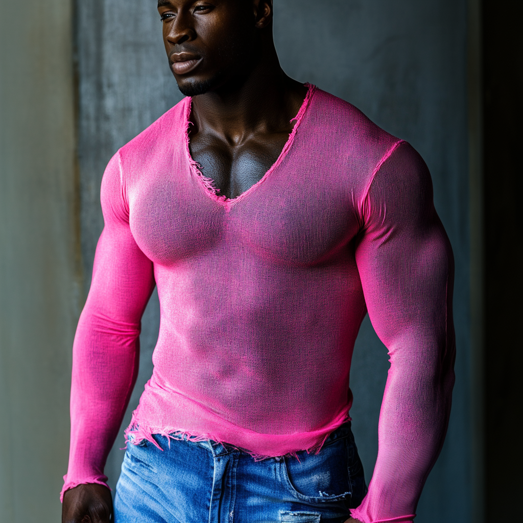  Stylish Pink V-Neck Long Sleeve Top for Men - Perfect for Casual and Fashionable Looks