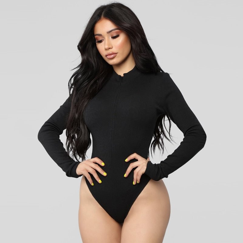 Dulzura ribbed front zipper long sleeve women sexy bodysuit 2020 autumn winter solid skinny streetwear body basic one piece