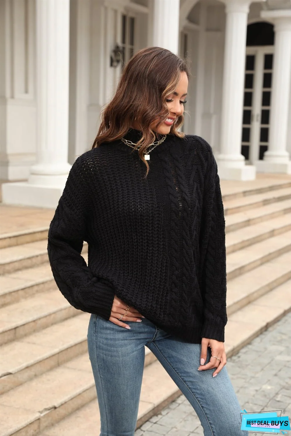 Cable-Knit Turtle Neck Long Sleeve Sweater