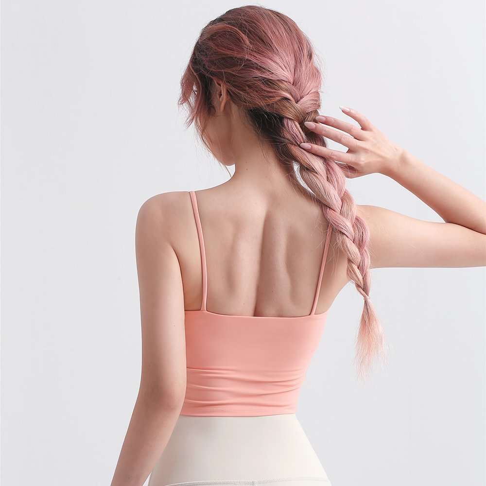 Different types of open back thin straps lycra camisole sports bra vest with removable pads online shopping on Hergymclothing