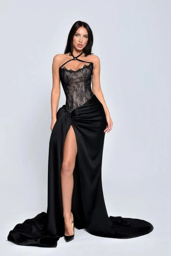 Miabel Exquiste Black Satin Halter Lace Sleeveless Long Pleated Prom Dress with Split 