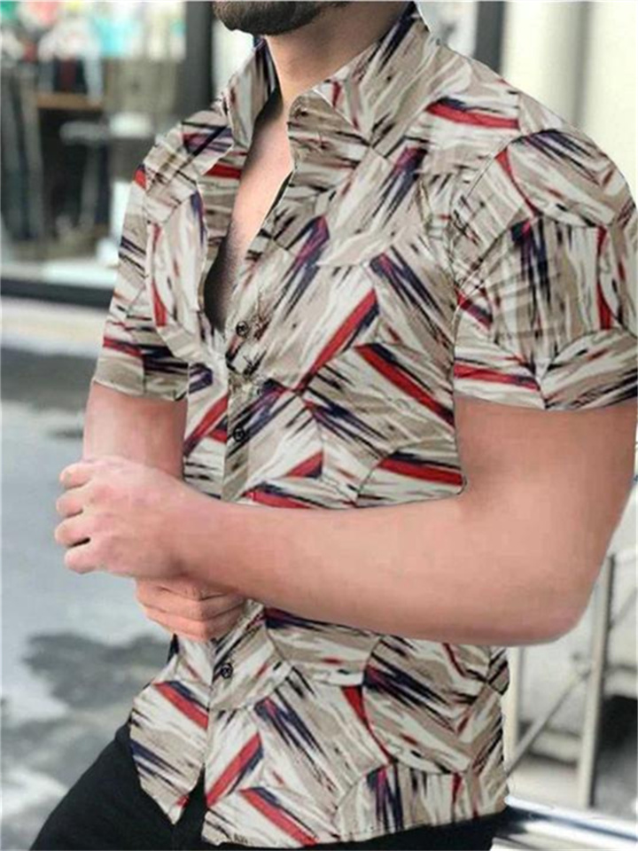 Summer Men's Polyester Casual Printing Short-sleeved Shirt Collar Cardigan Shirt-JRSEE