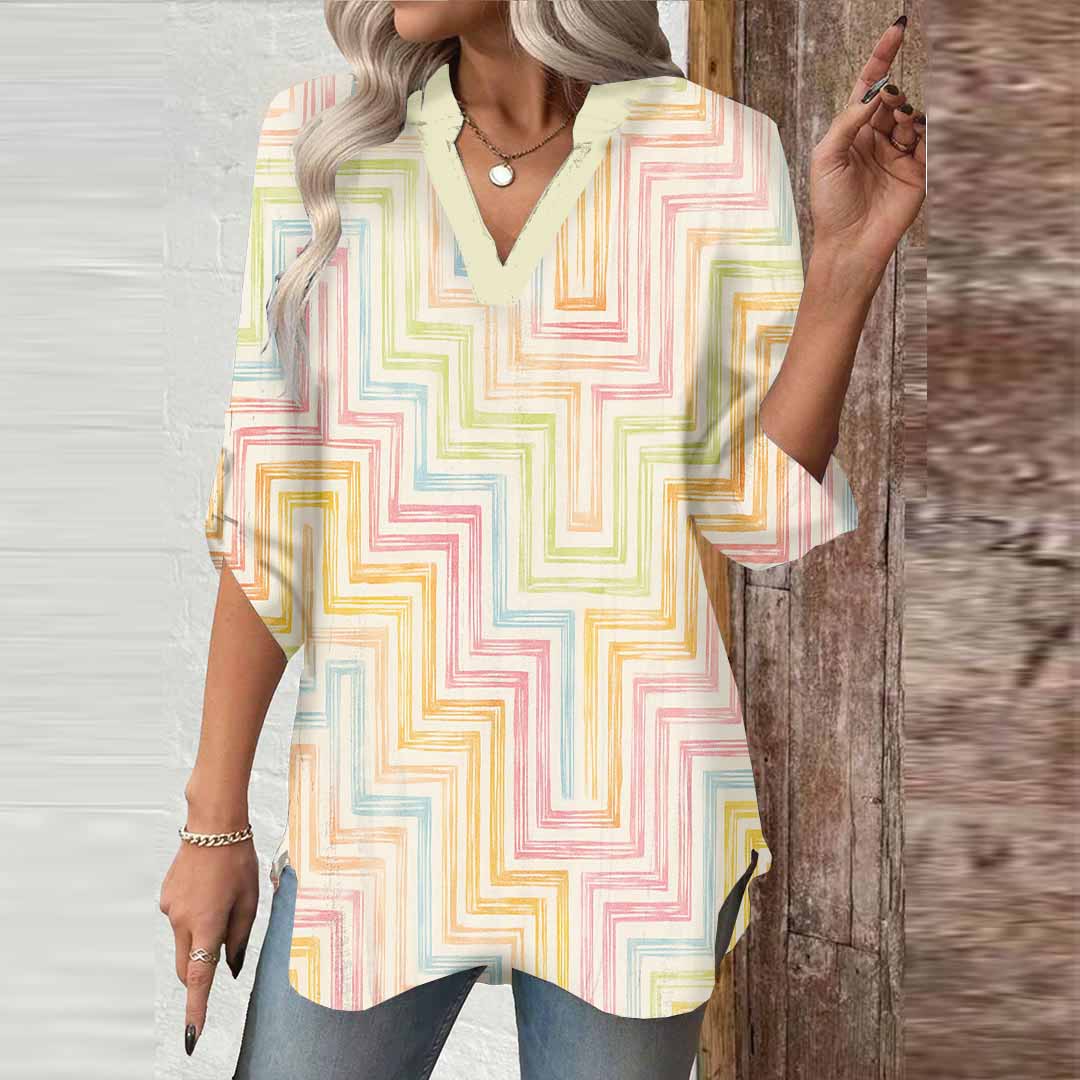 Women Geometric,Colorful DZGA0278 3/4 Sleeve V-neck Printed Graphic Button Tops
