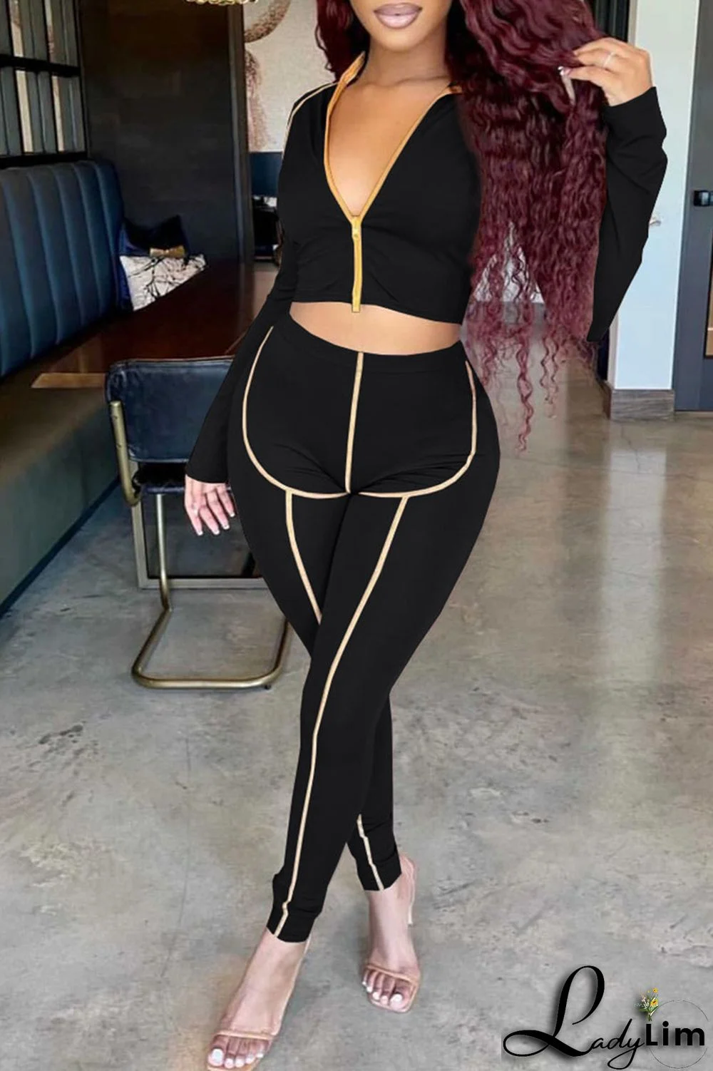 Tangerine Red Casual Solid Patchwork Asymmetrical Zipper Zipper Collar Long Sleeve Two Pieces