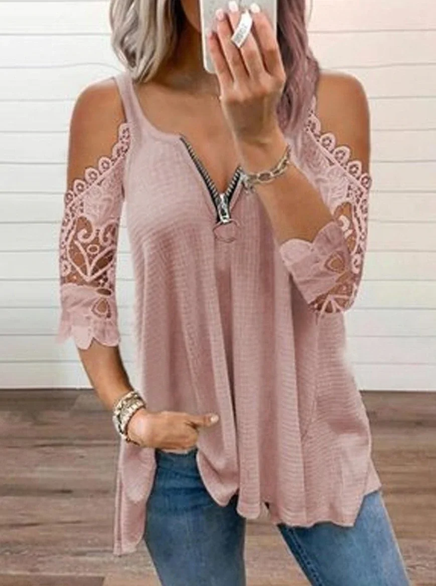 Fashion Lace Stitching Solid Color V-Neck T-Shirt