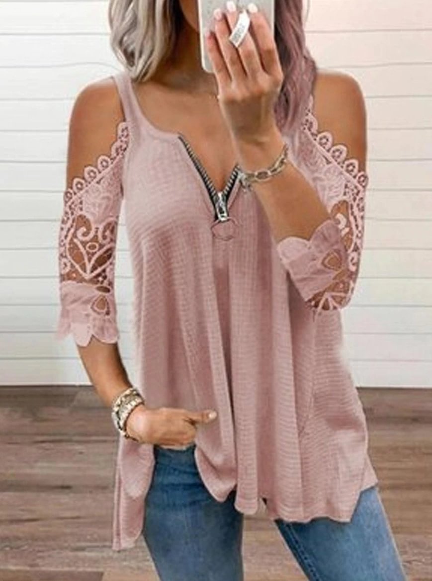 Fashion Lace Stitching Solid Color V-neck T-shirt | EGEMISS
