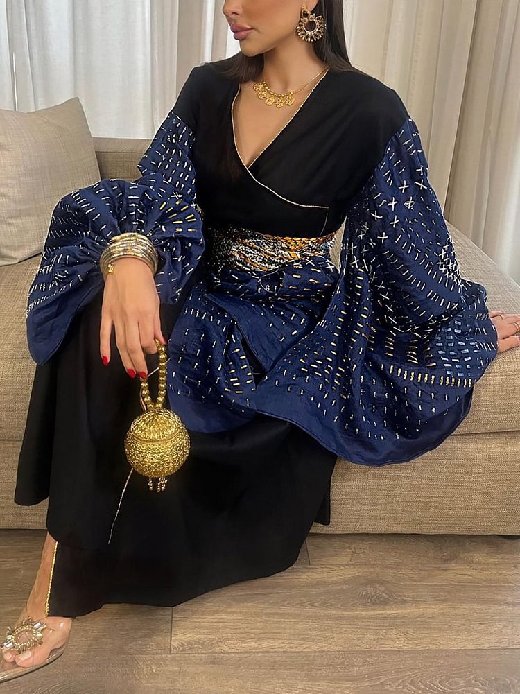 Elegant Ethnic Print Puff Sleeve V-Neck Dress